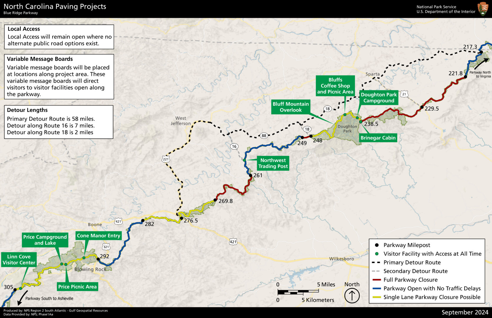 Simple road map showing color-coded zones for closure areas, and a detour along secondary routes.