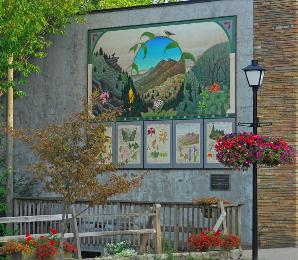 Mural depicting local plants on a wall in town, surrounded by flowers.